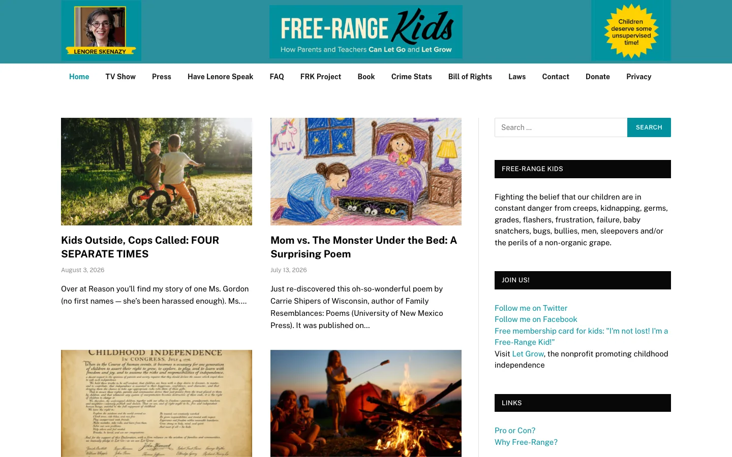 Screenshot of the Free-Range Kids homepage