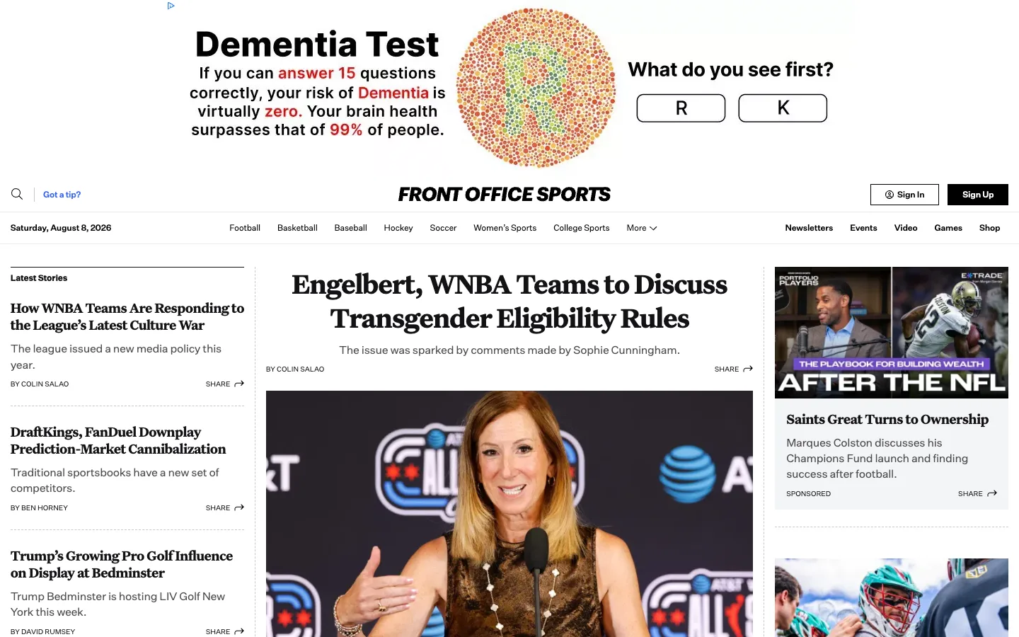 Screenshot of the Front Office Sports homepage