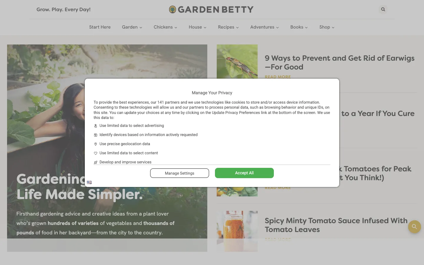 Screenshot of the Garden Betty homepage