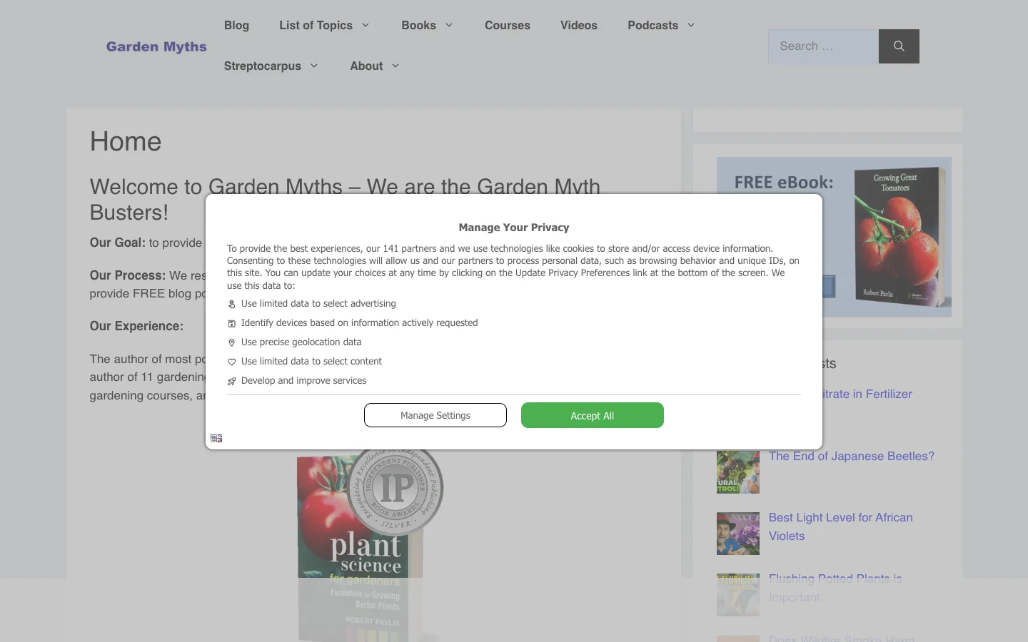 Screenshot of the Garden Myths homepage