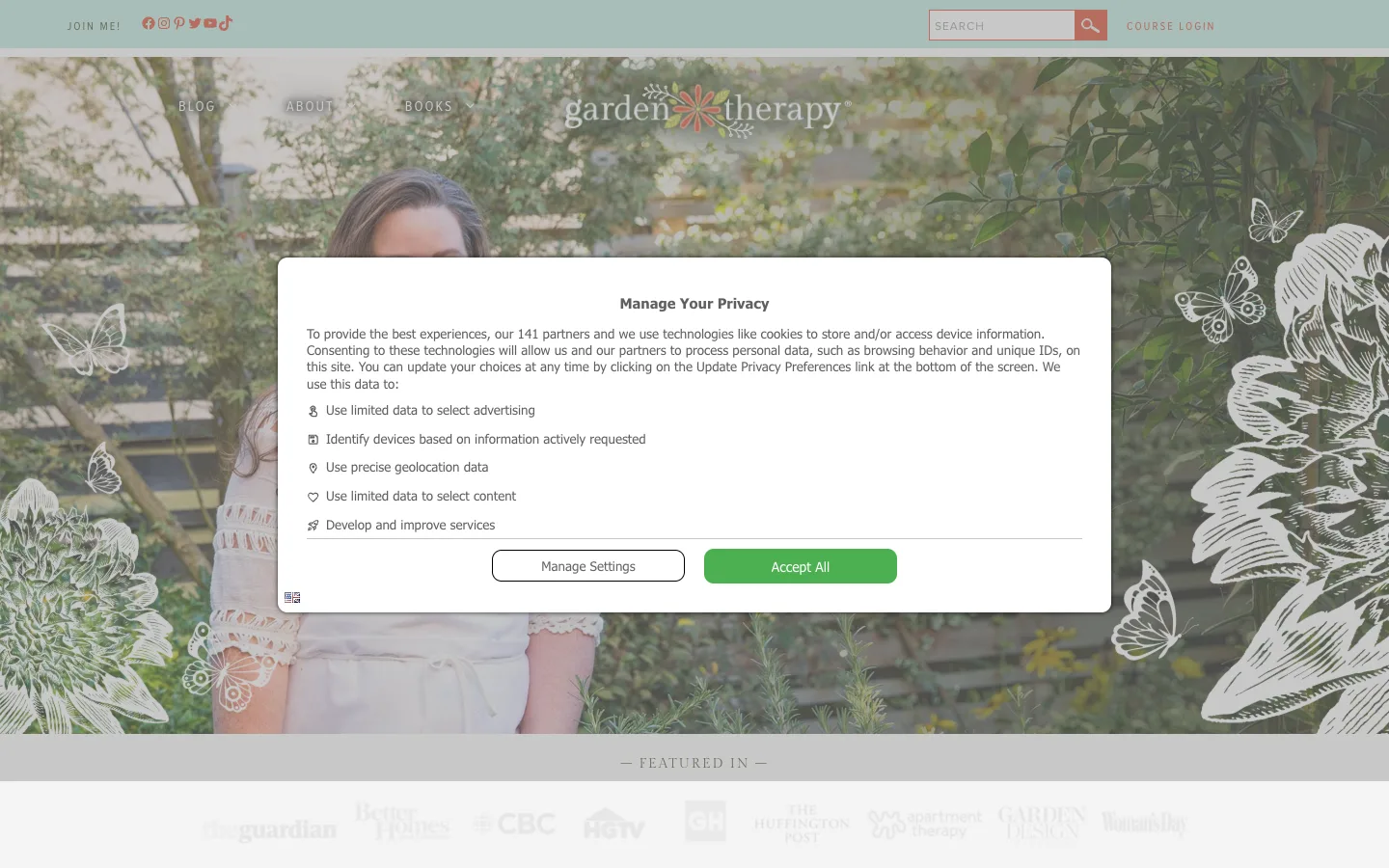 Screenshot of the Garden Therapy homepage