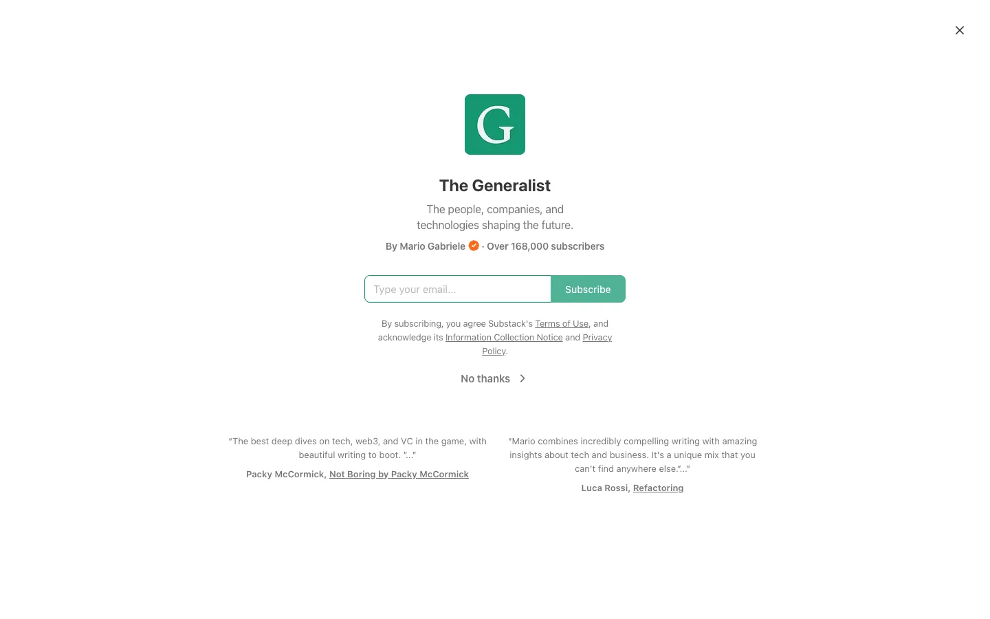 Screenshot of the The Generalist homepage