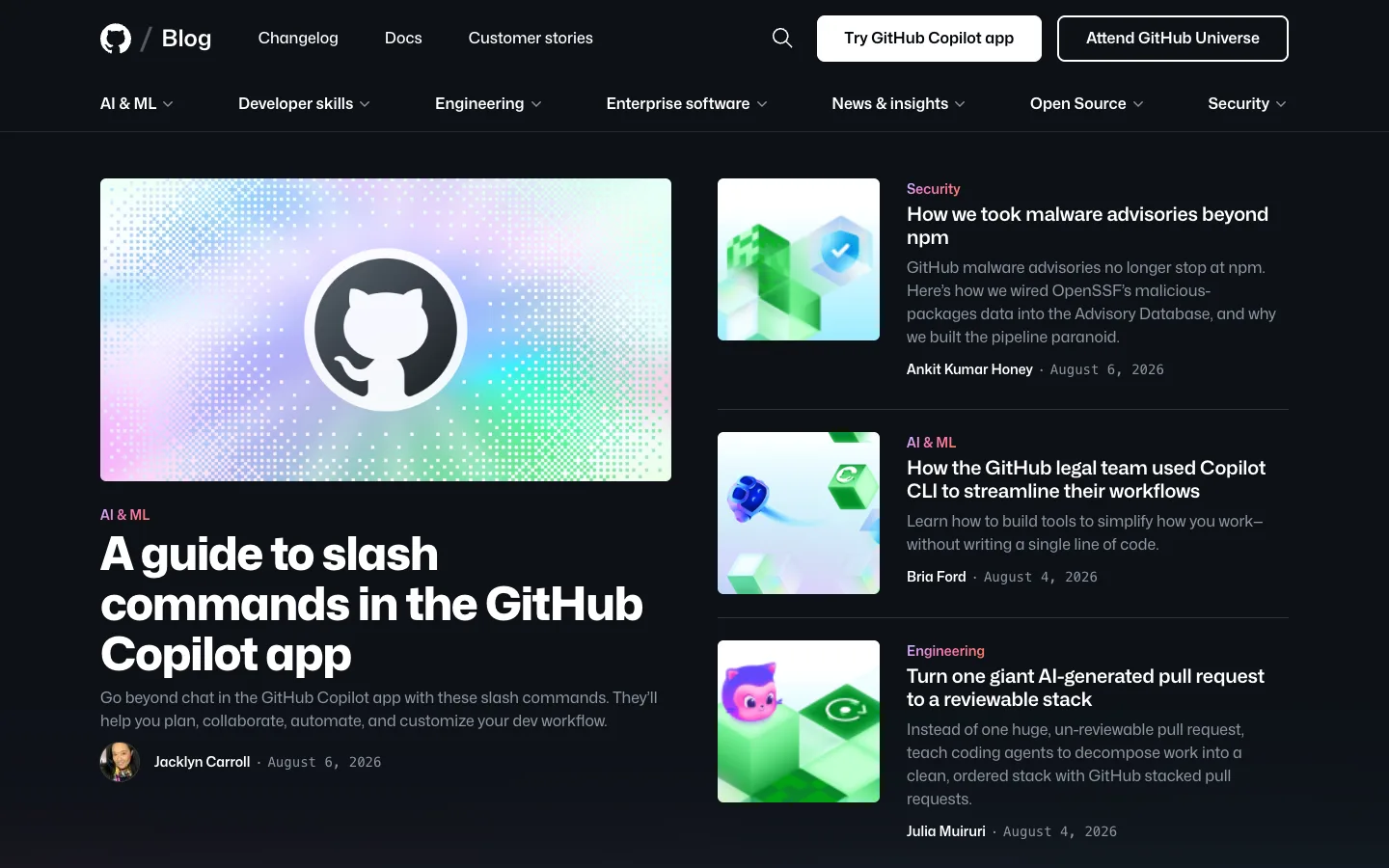Screenshot of the GitHub Blog homepage