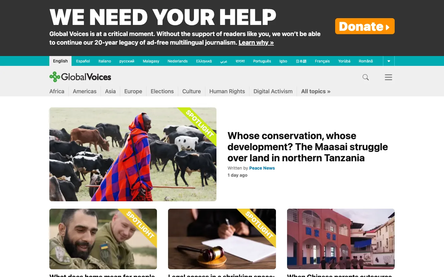 Screenshot of the Global Voices homepage