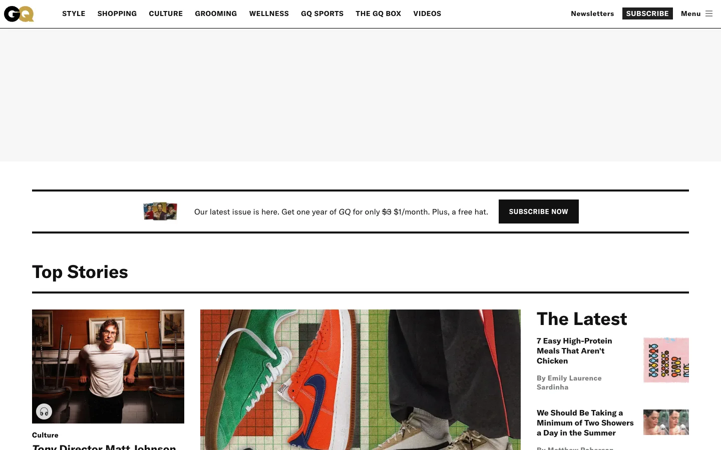 Screenshot of the GQ homepage