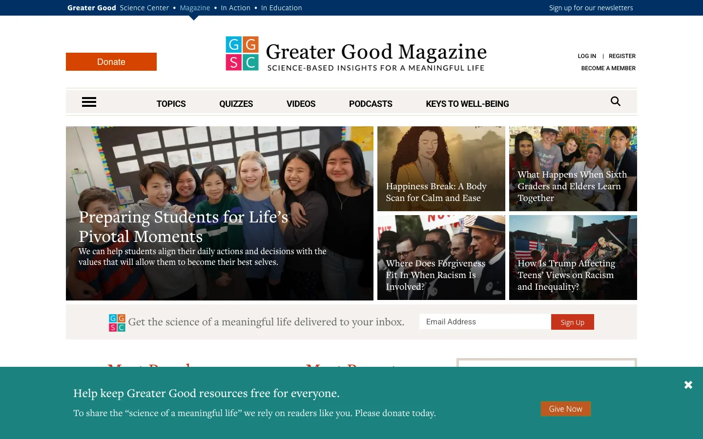 Screenshot of the Greater Good Magazine homepage