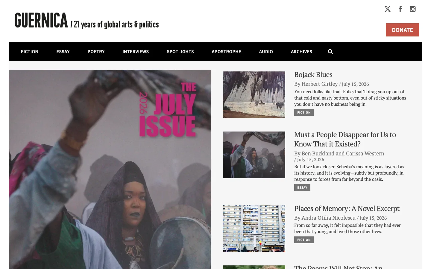 Screenshot of the Guernica homepage