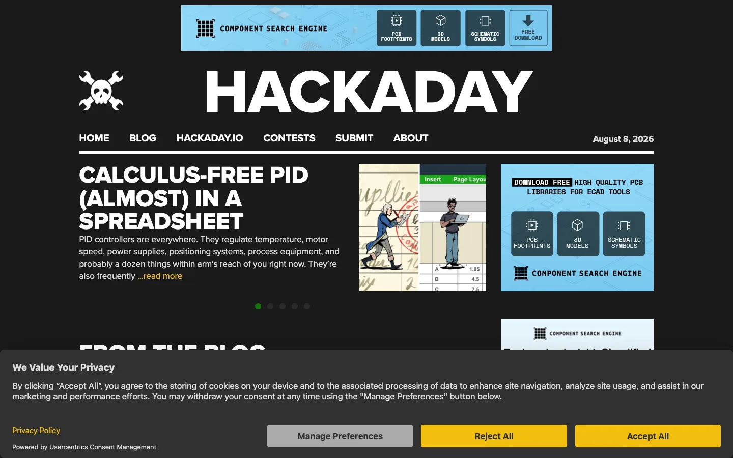 Screenshot of the Hackaday homepage