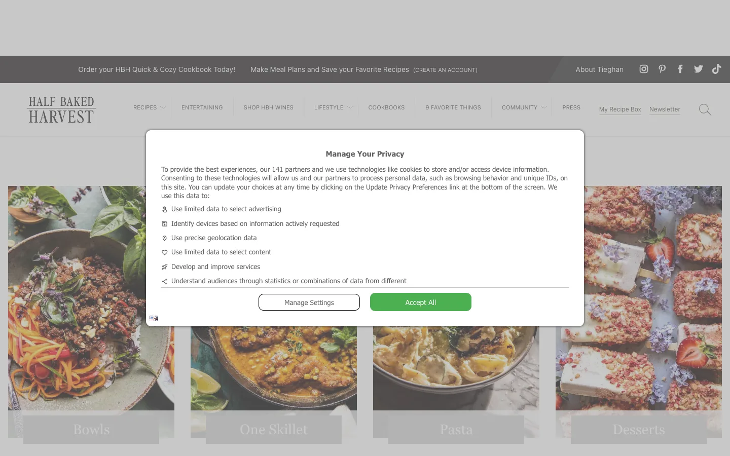 Screenshot of the Half Baked Harvest homepage