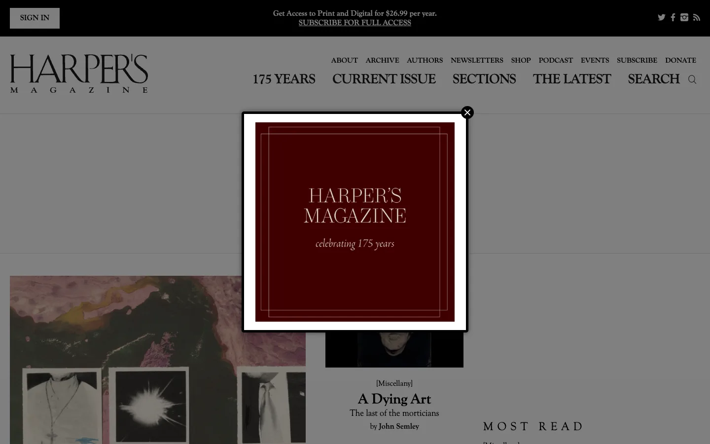 Screenshot of the Harper's Magazine homepage