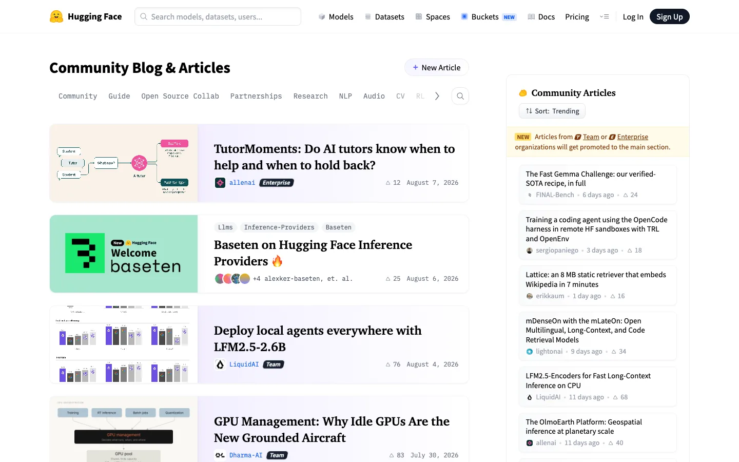Screenshot of the Hugging Face Blog homepage
