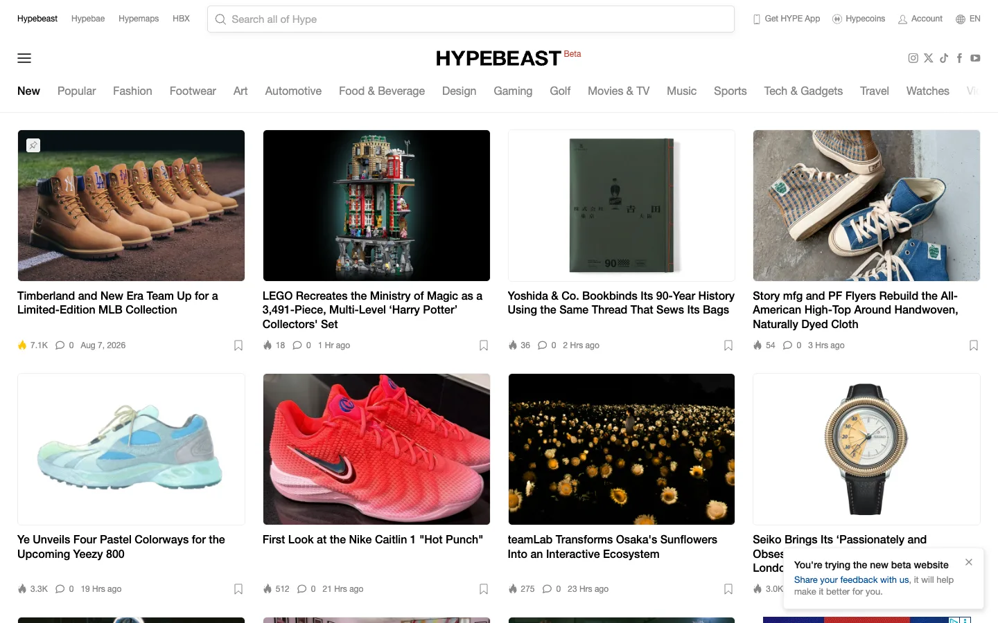 Screenshot of the Hypebeast homepage