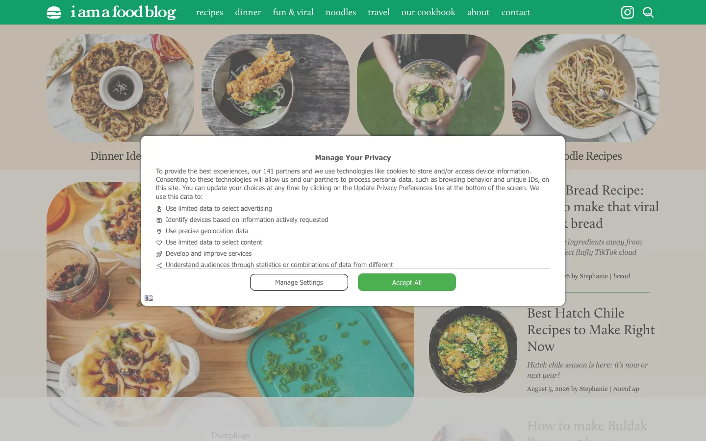 Screenshot of the i am a food blog homepage