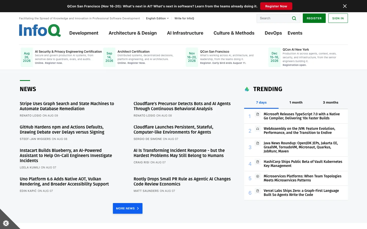 Screenshot of the InfoQ homepage