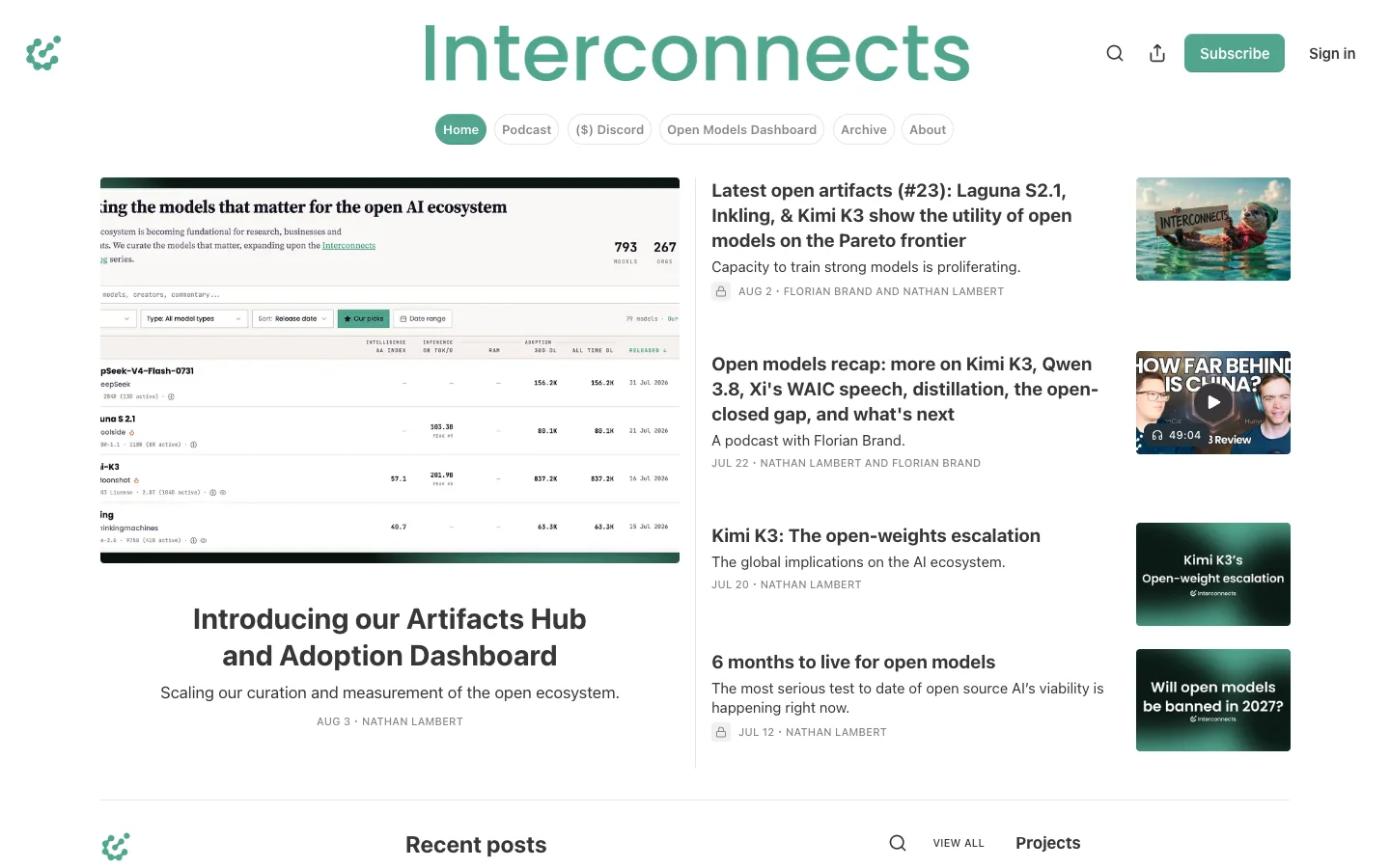 Screenshot of the Interconnects homepage