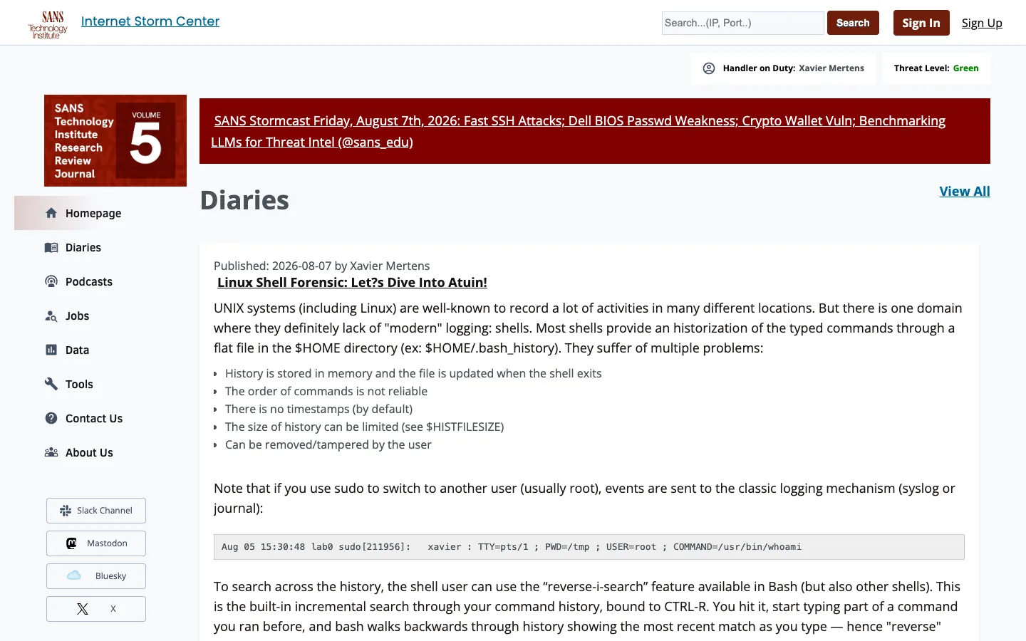 Screenshot of the SANS Internet Storm Center homepage
