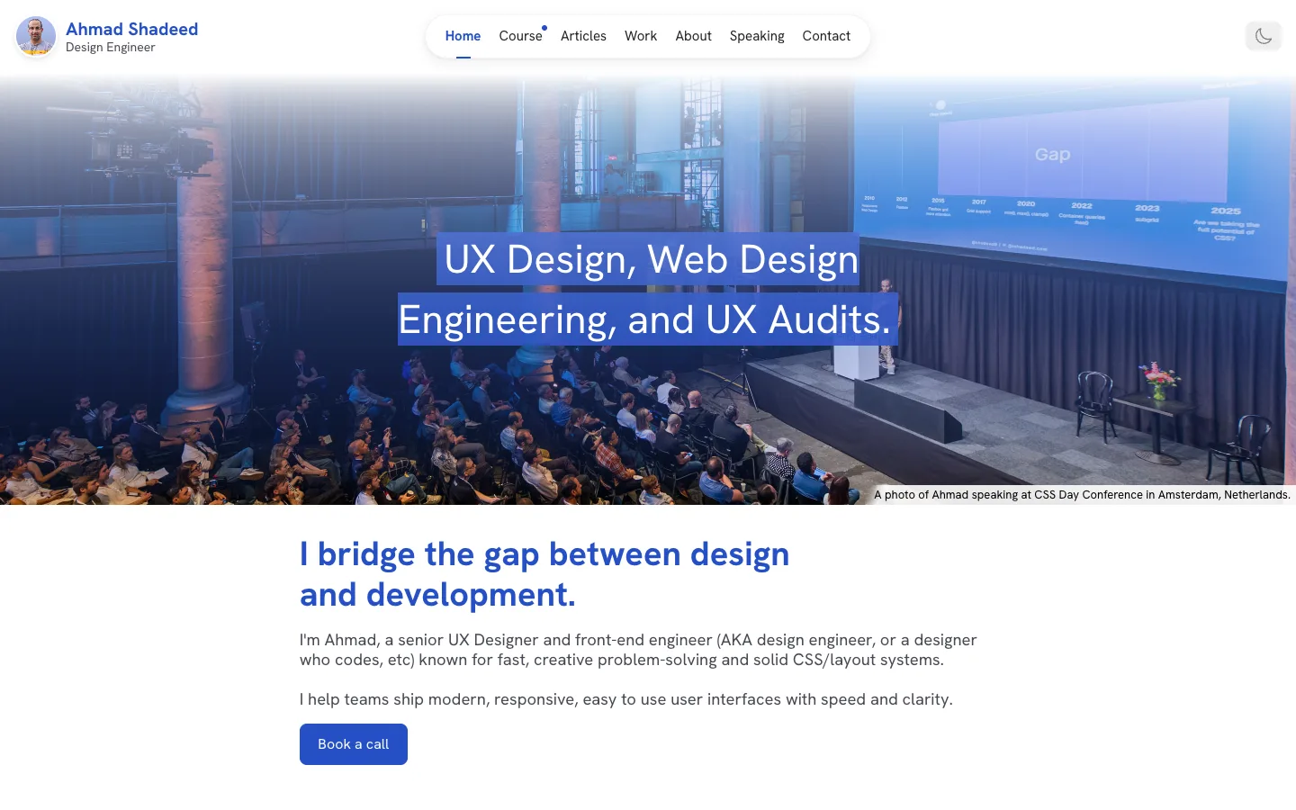 Screenshot of the Ahmad Shadeed homepage