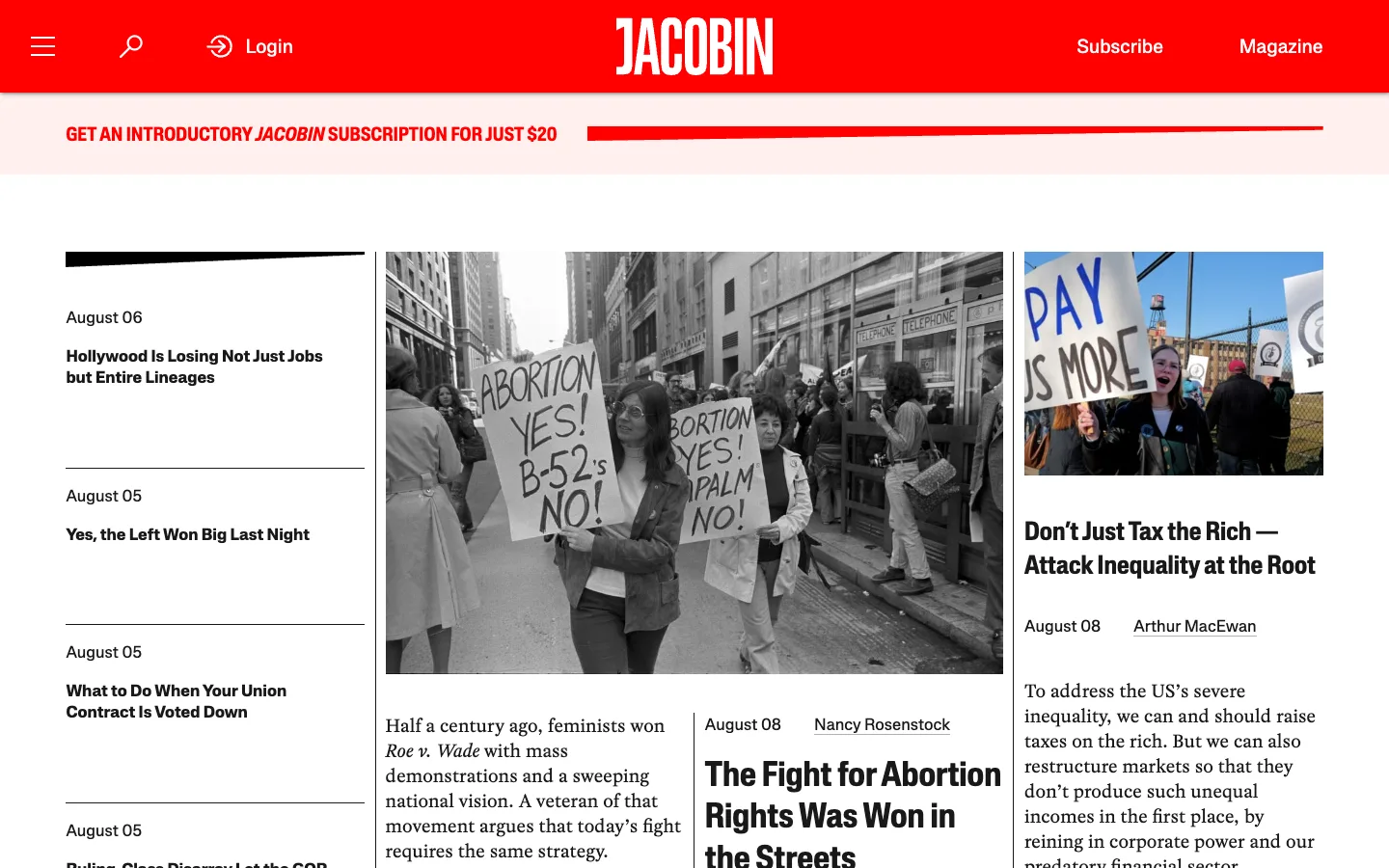 Screenshot of the Jacobin homepage