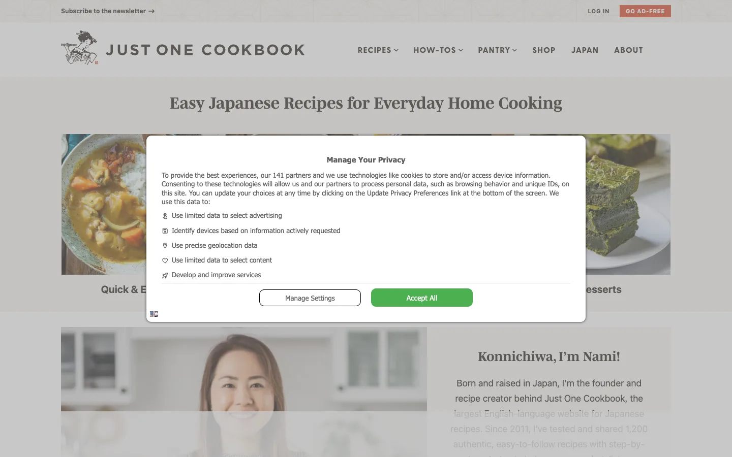 Screenshot of the Just One Cookbook homepage