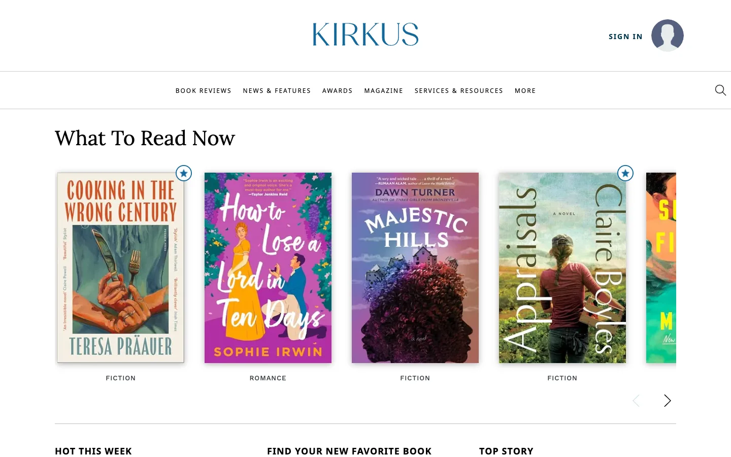 Screenshot of the Kirkus Reviews homepage