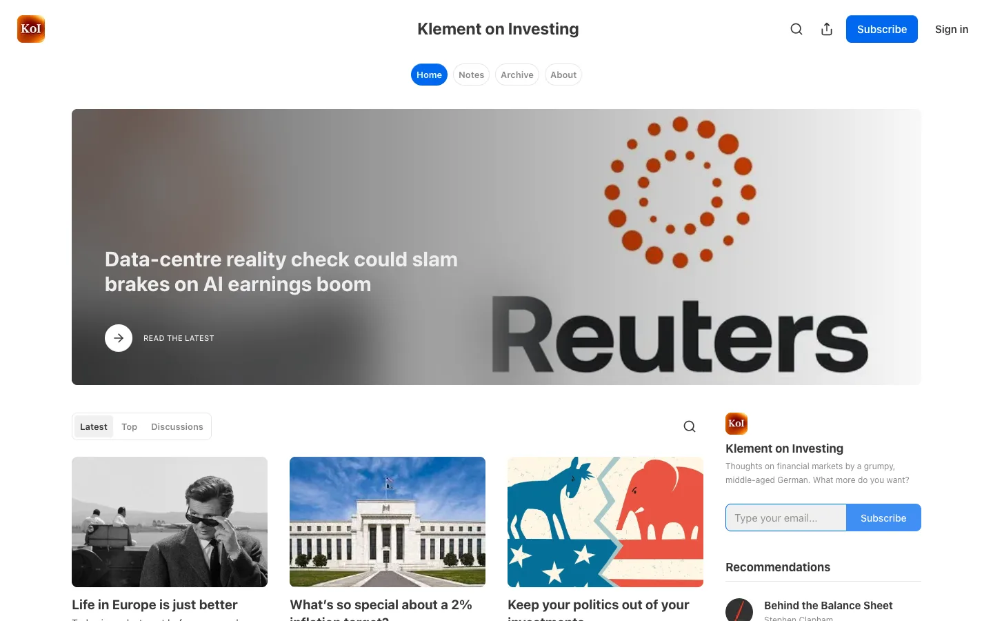 Screenshot of the Klement on Investing homepage