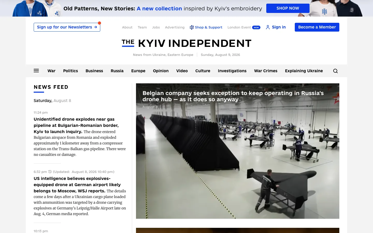 Screenshot of the The Kyiv Independent homepage