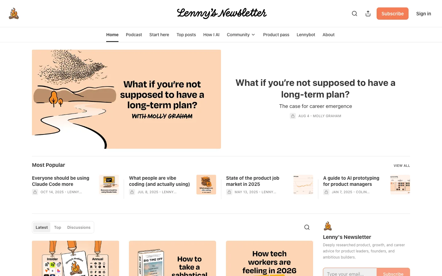 Screenshot of the Lenny's Newsletter homepage