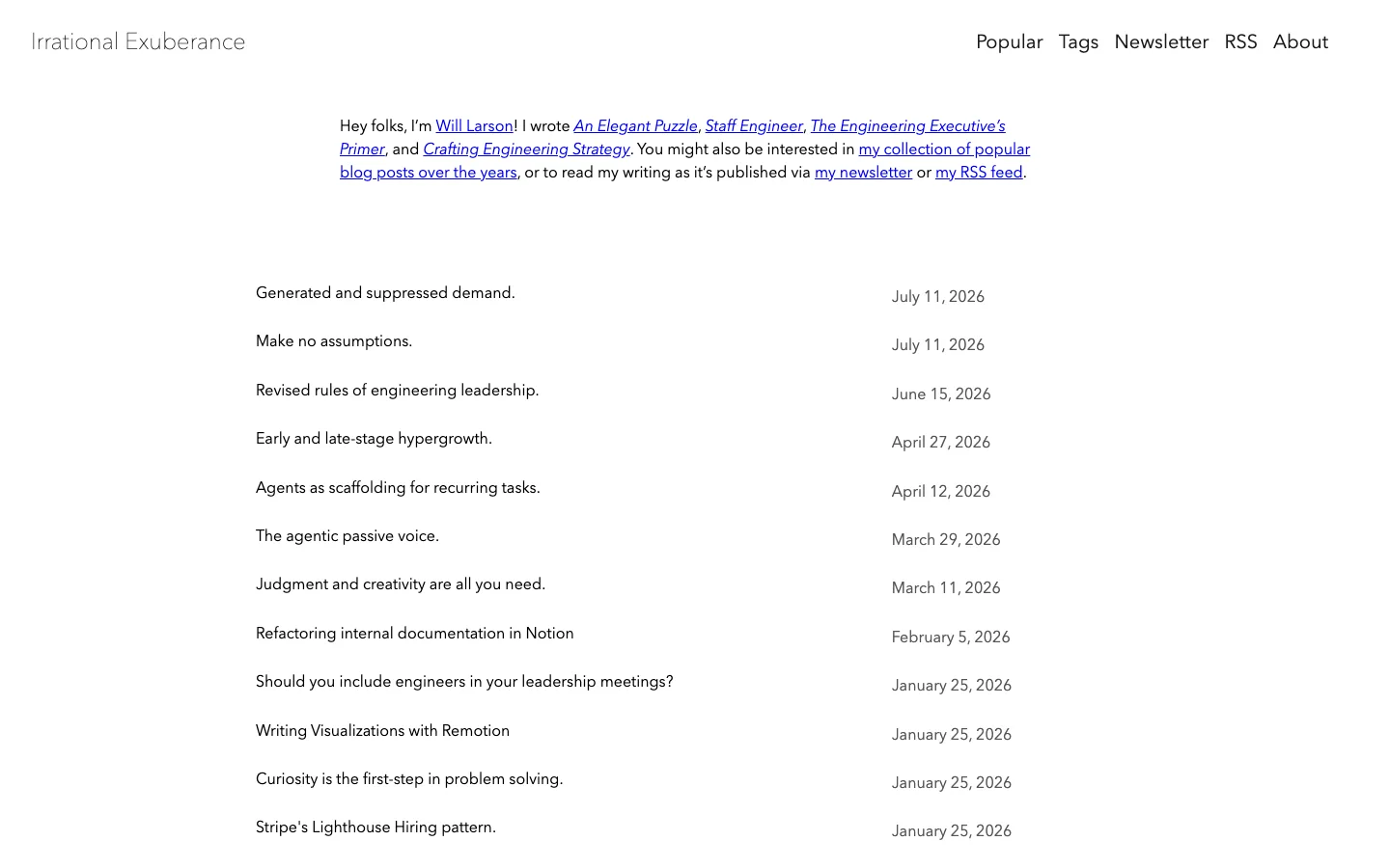 Screenshot of the Irrational Exuberance (Will Larson) homepage