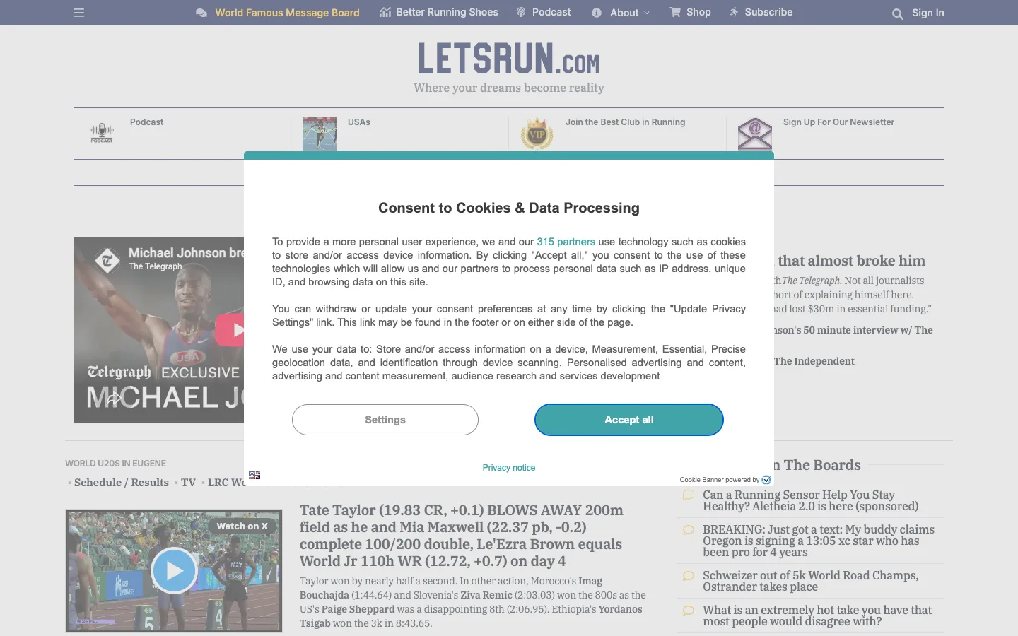 Screenshot of the LetsRun.com homepage