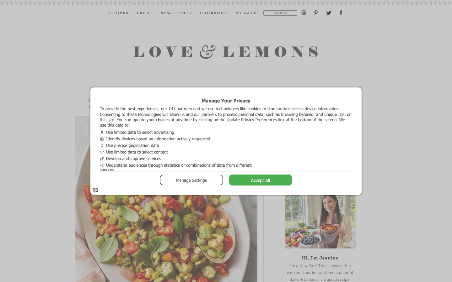 Screenshot of the Love and Lemons homepage