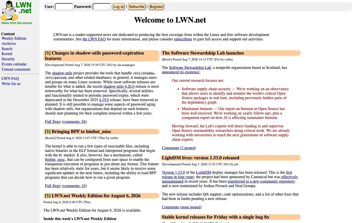 Screenshot of the LWN.net homepage