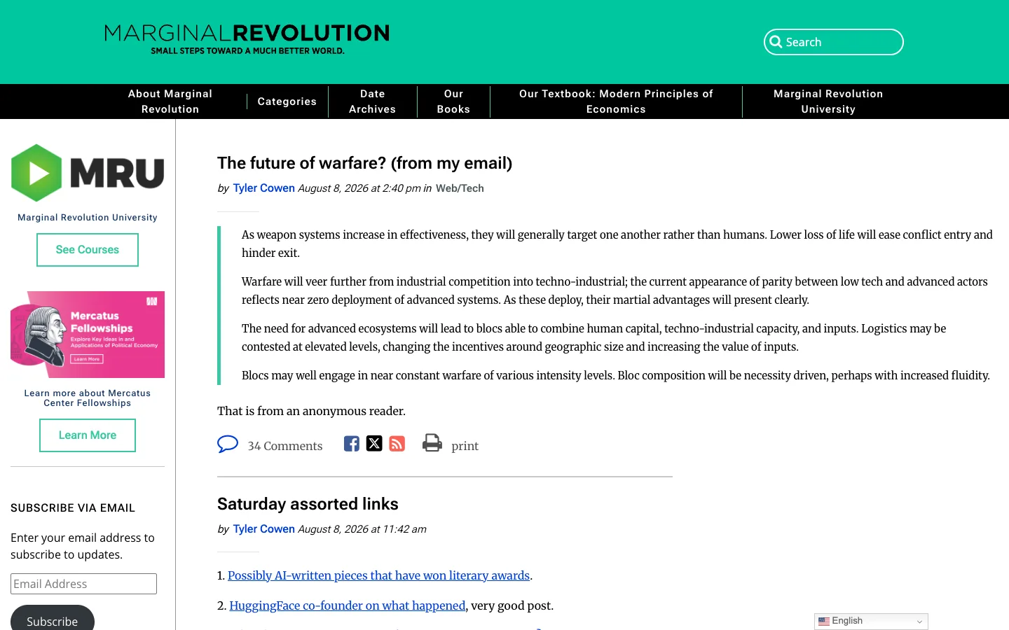 Screenshot of the Marginal Revolution homepage