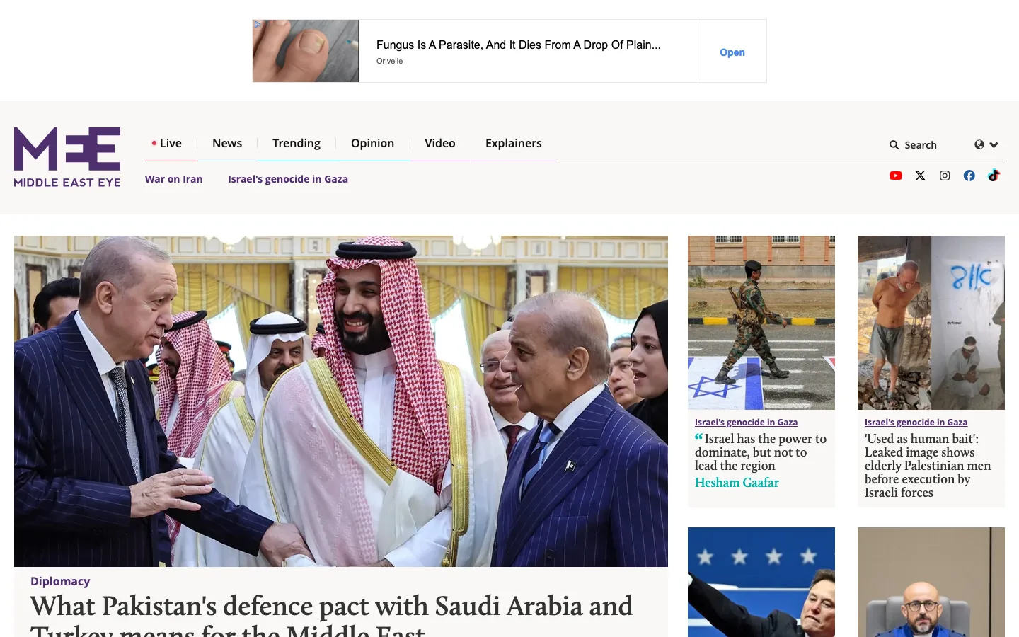 Screenshot of the Middle East Eye homepage