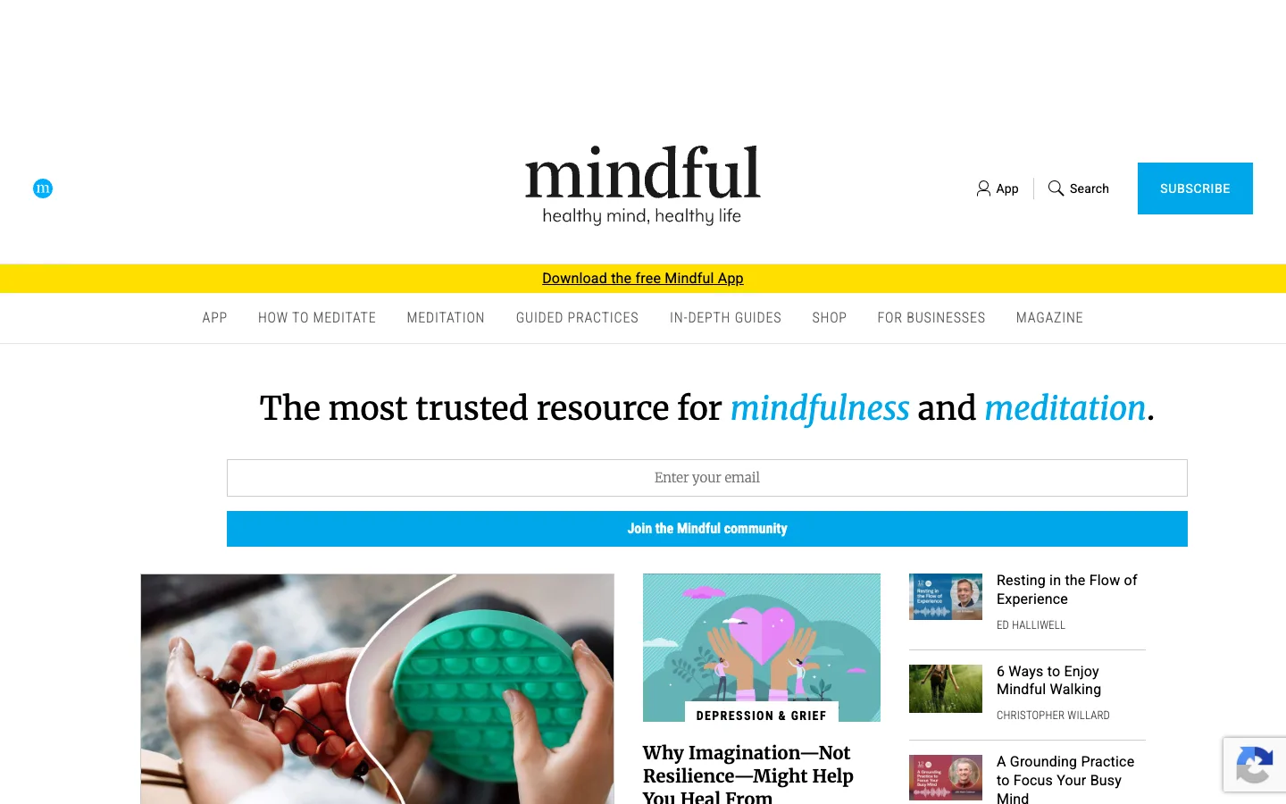 Screenshot of the Mindful homepage