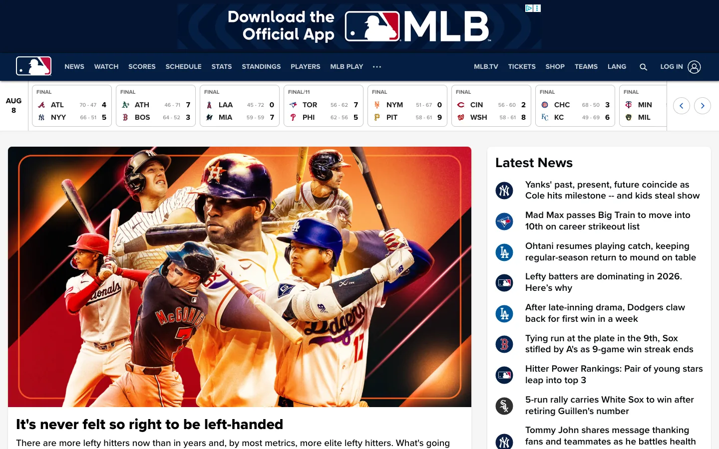 Screenshot of the MLB.com homepage