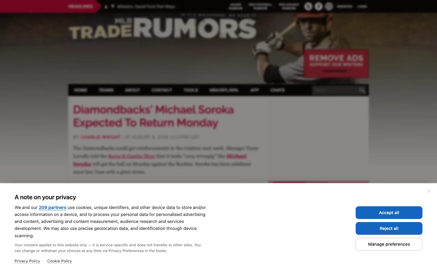 Screenshot of the MLB Trade Rumors homepage