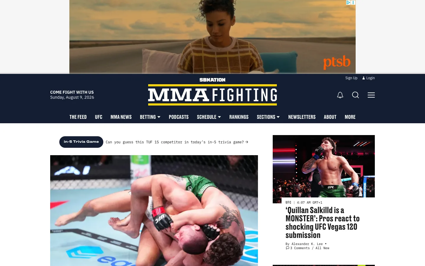 Screenshot of the MMA Fighting homepage
