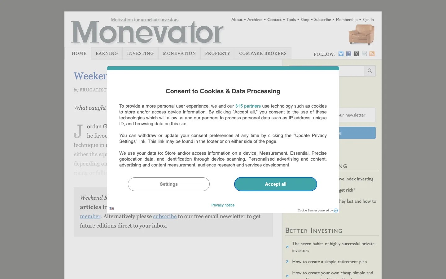 Screenshot of the Monevator homepage