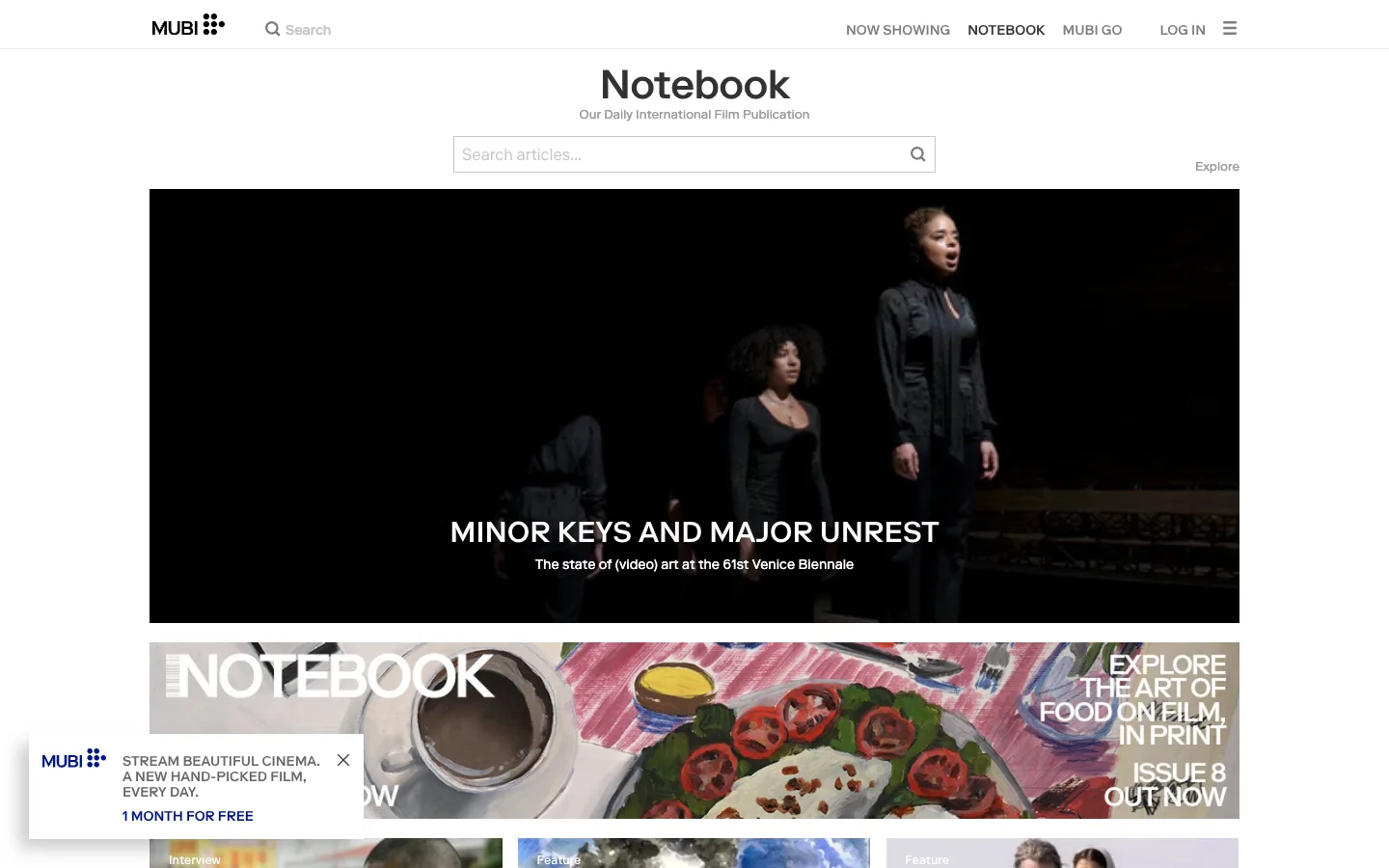 Screenshot of the MUBI Notebook homepage