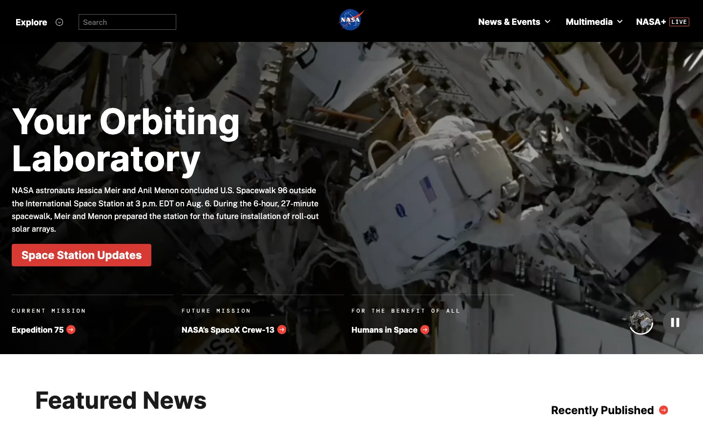 Screenshot of the NASA Breaking News homepage