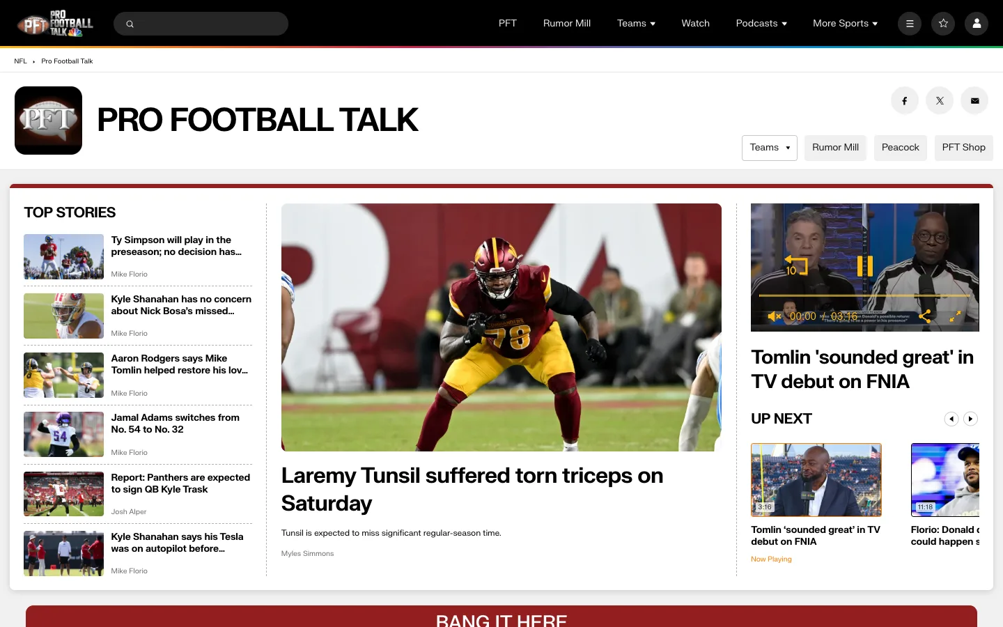 Screenshot of the ProFootballTalk homepage
