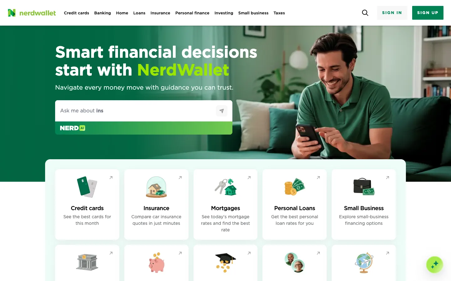 Screenshot of the NerdWallet homepage