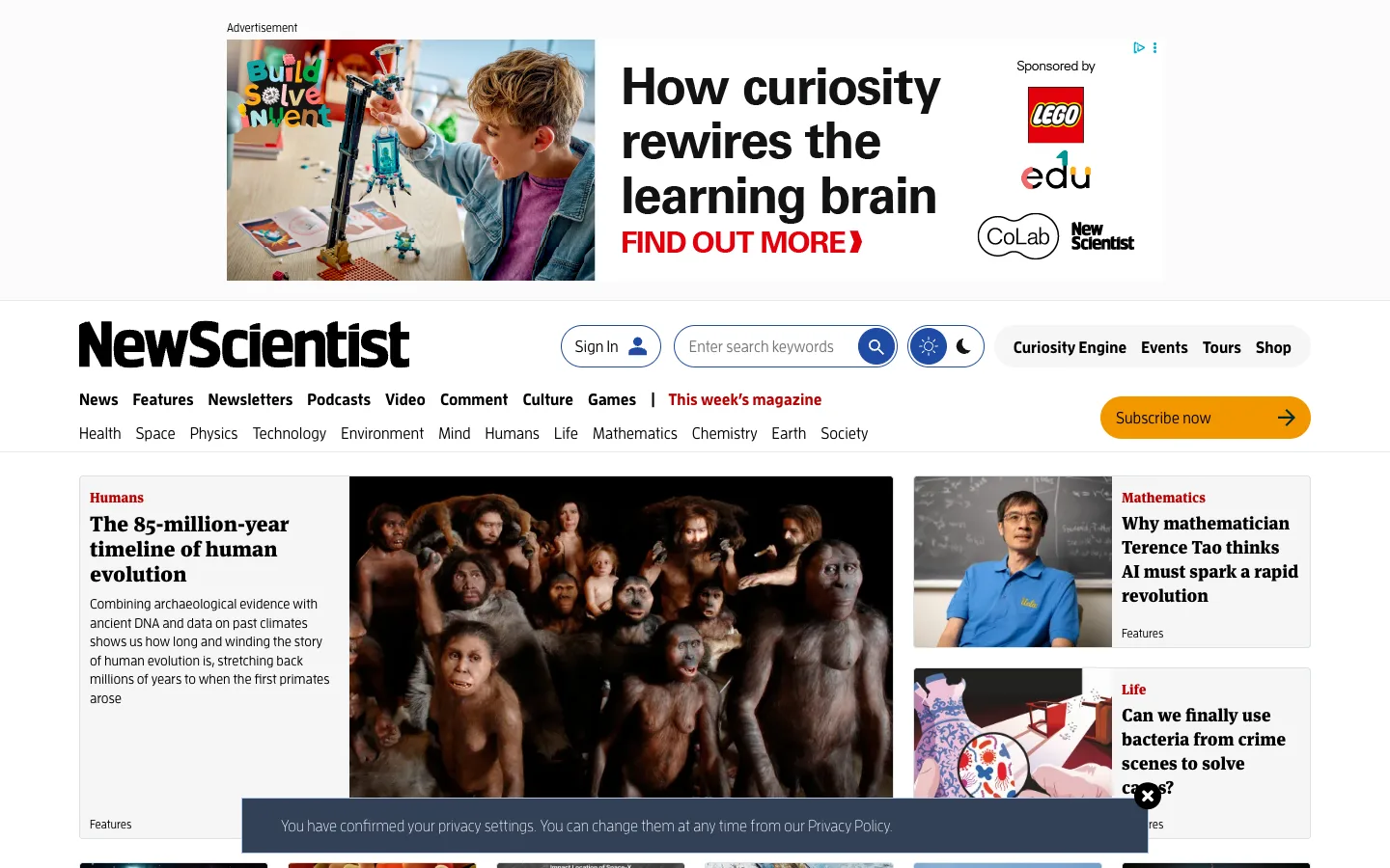 Screenshot of the New Scientist homepage