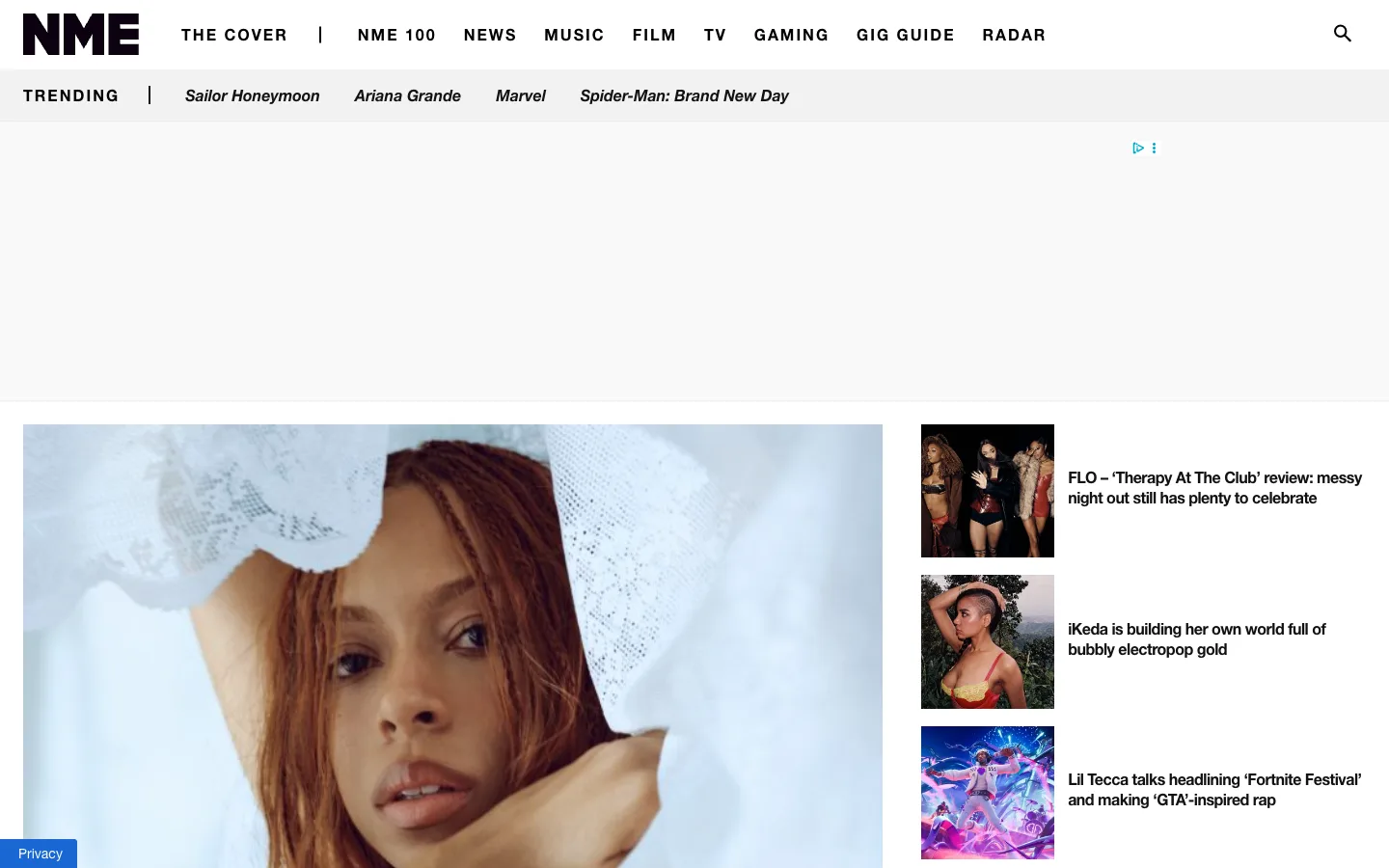 Screenshot of the NME homepage
