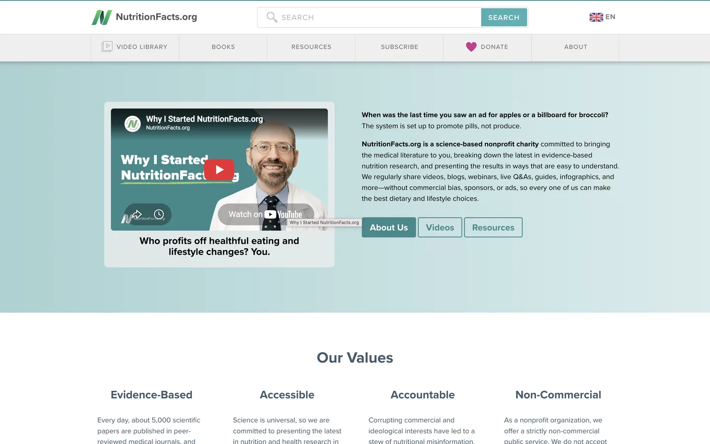 Screenshot of the NutritionFacts.org homepage