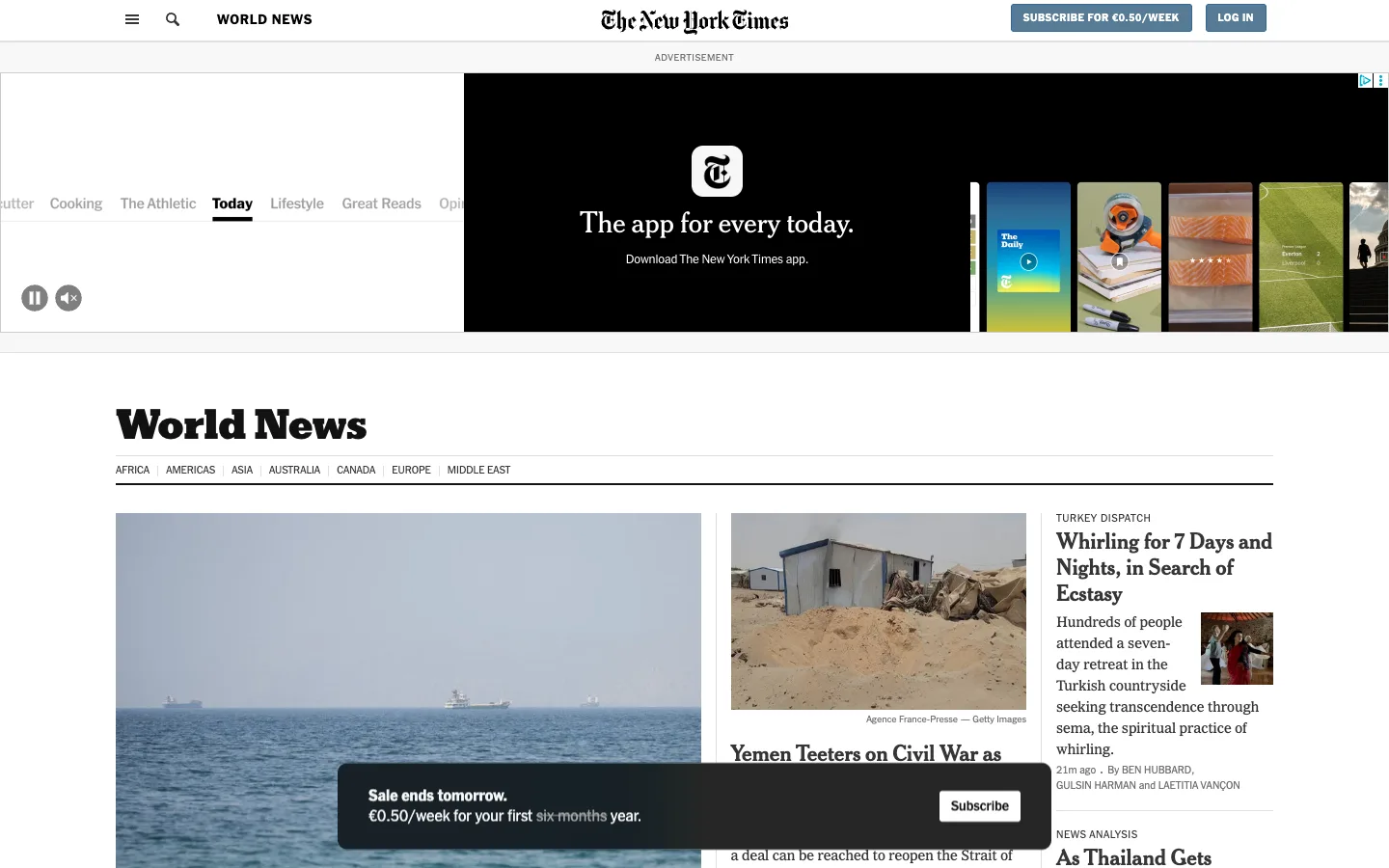 Screenshot of the The New York Times – World homepage