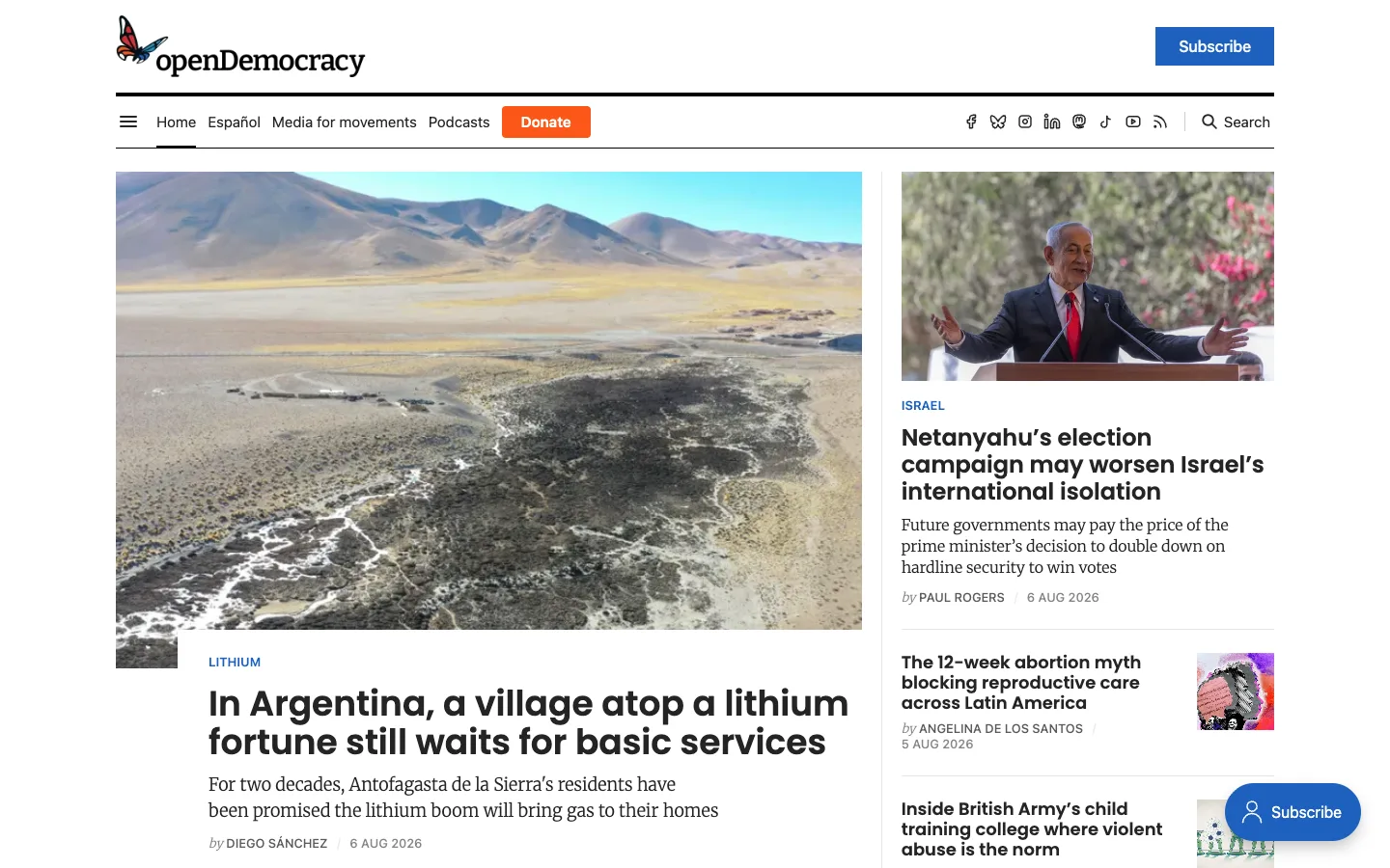 Screenshot of the openDemocracy homepage