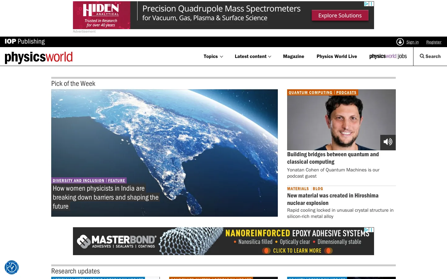 Screenshot of the Physics World homepage