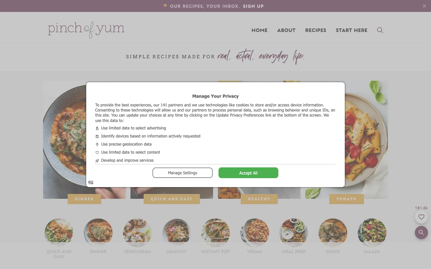 Screenshot of the Pinch of Yum homepage