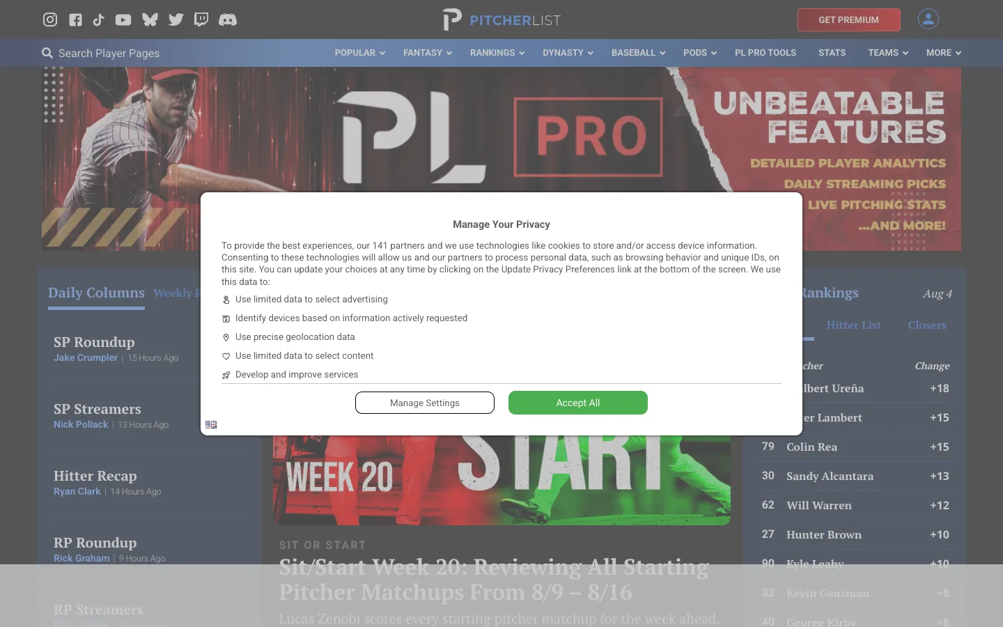 Screenshot of the Pitcher List homepage